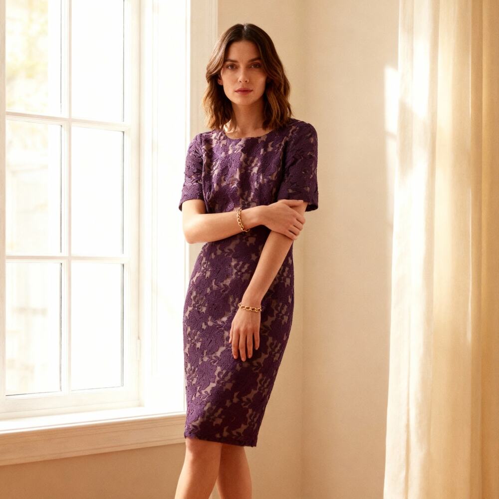 Adrianna Papell Purple Lace Sheath Dress Size US 6 Short Sleeves